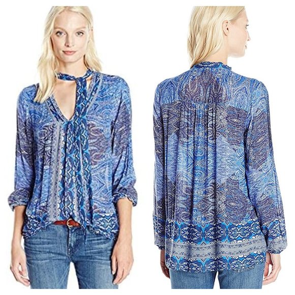 Lucky Brand Tops - Lucky Brand Women's Blue Floral V-Neck Tie Front Blouse Size Large